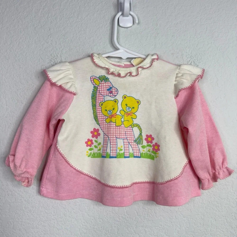 Carters Sweater Girls 18M Pink White VTG 80s Long Sleeve Ruffle Collar‎ Animal